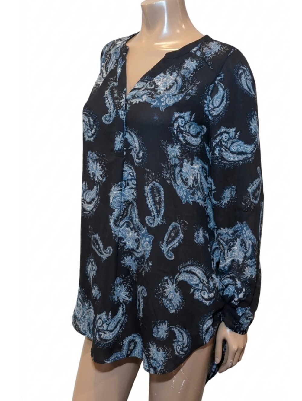 Rickis Paisley Shirt Dress Vneck Long Sleeve Mini Tunic Top Navy Blue Size XS